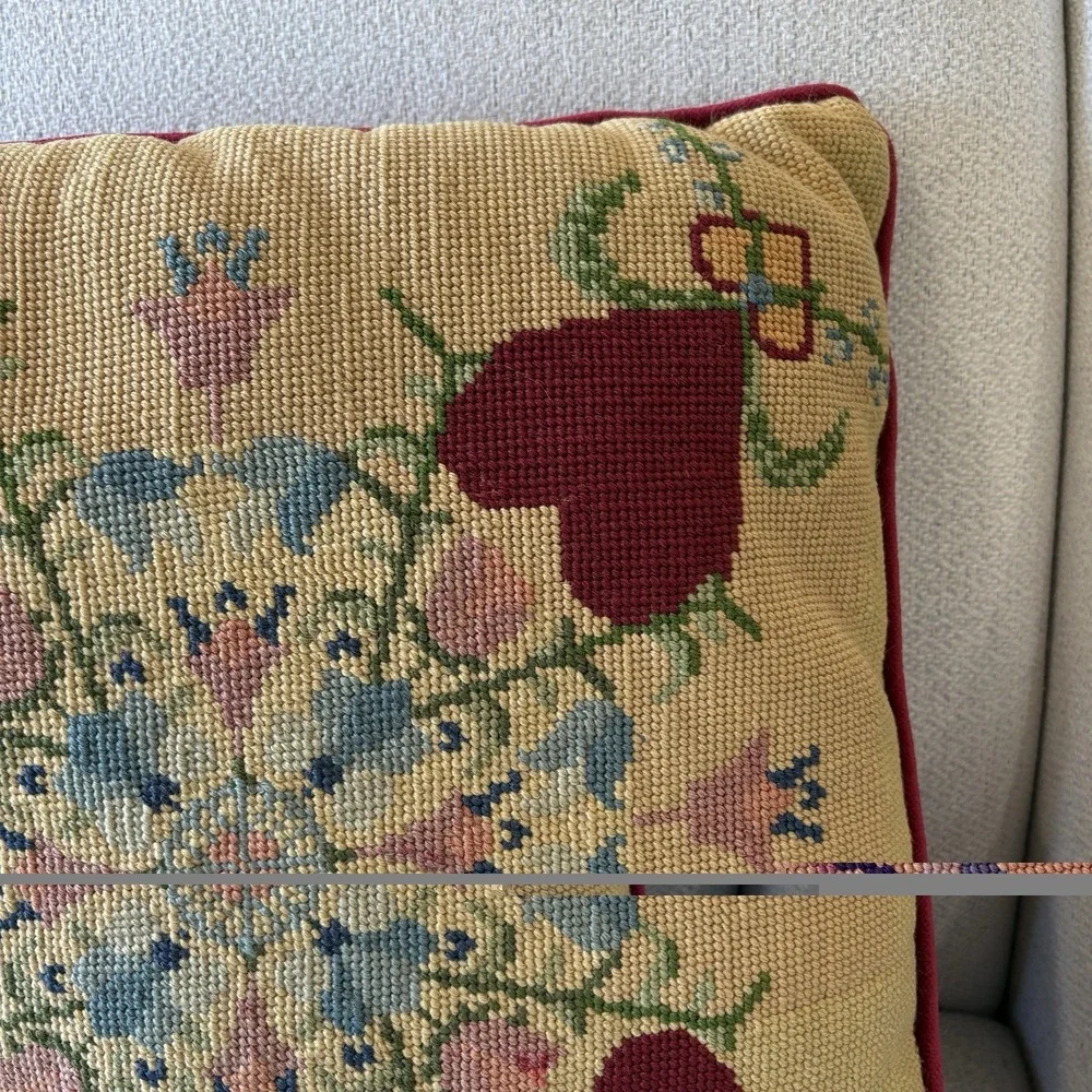 VTG Handmade Needlepoint Pillow Folk Art Floral Hearts Cottage Scandi 15X15 80s